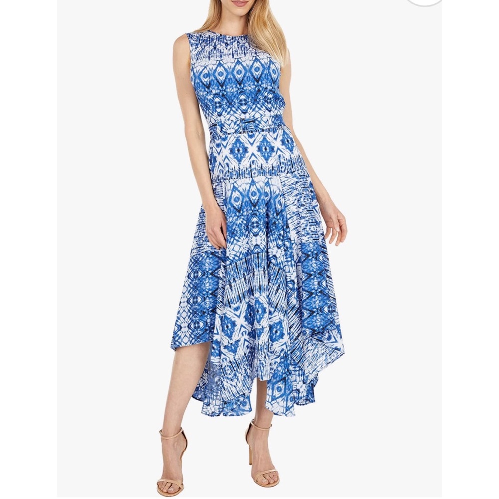 Calvin Klein geometric printed handkerchief hem midi dress with fabric b…
